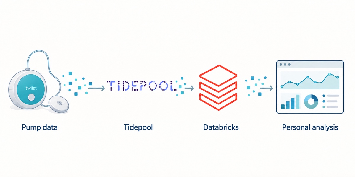 Data flow: a twiist pump sends data to Tidepool, then to Databricks, then to a personal analysis dashboard.